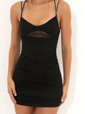 Mesh Ruched Bodycon Dress in Black
